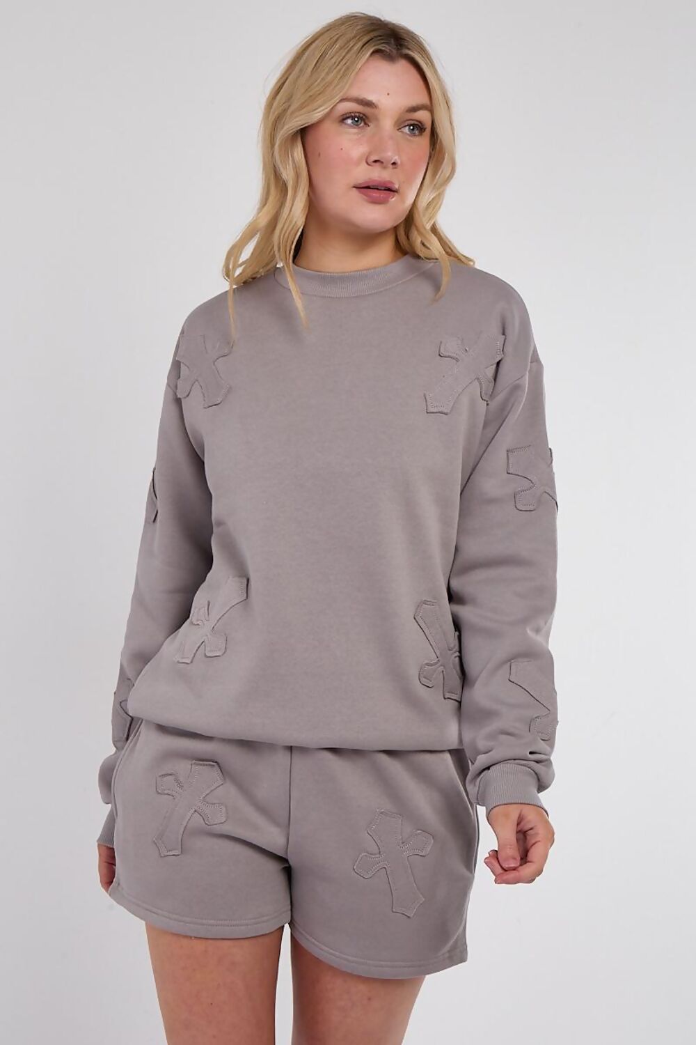 PIETTA DOVE GREY EMBOSSED CROSS PATCH SWEATSHIRT AND SHORTS SET