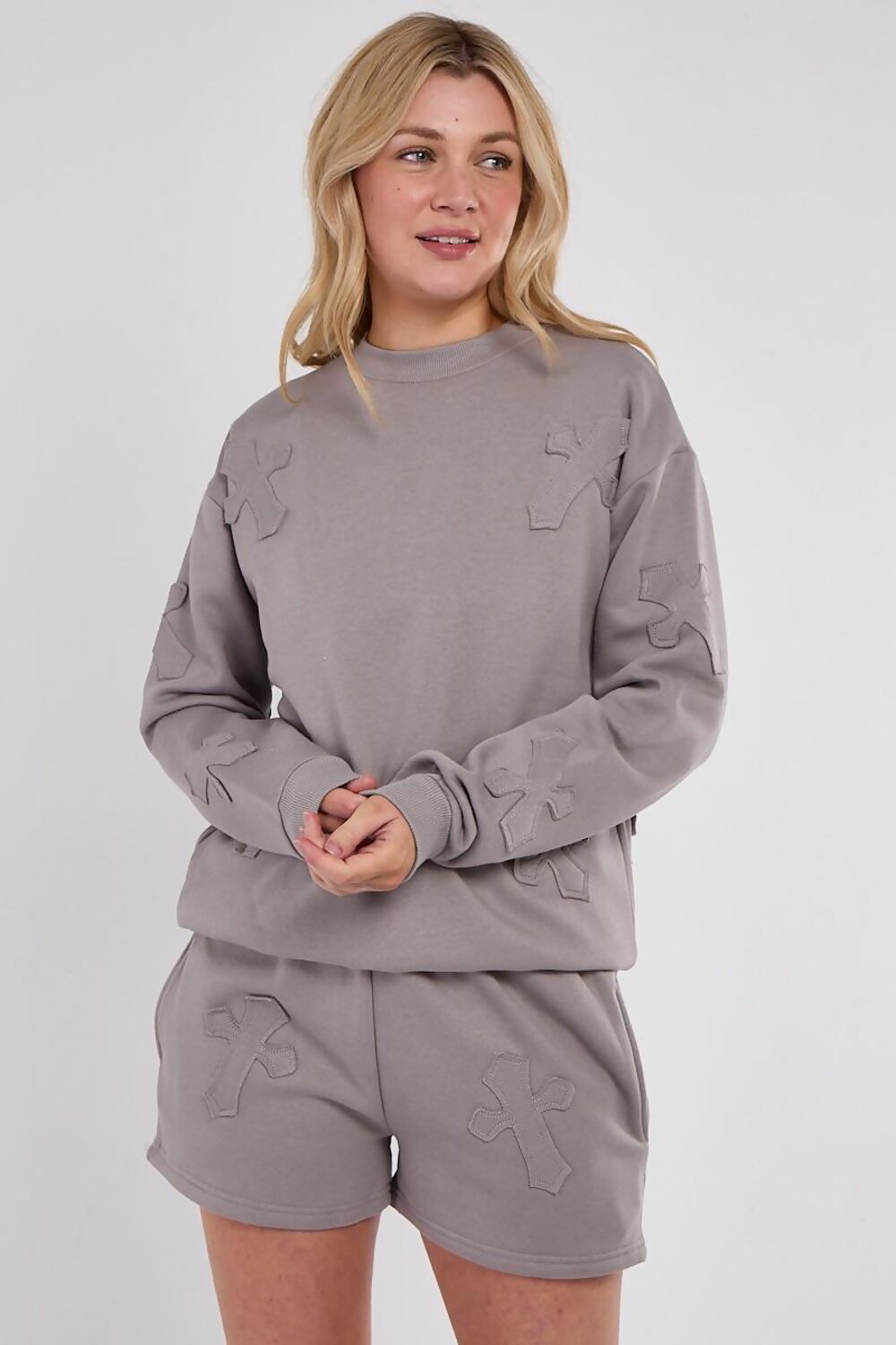 PIETTA DOVE GREY EMBOSSED CROSS PATCH SWEATSHIRT AND SHORTS SET