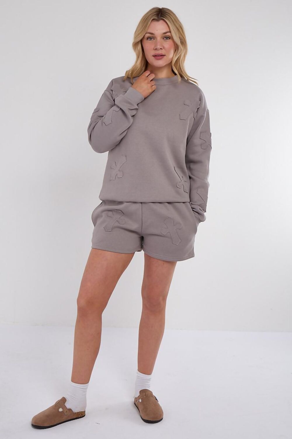 PIETTA DOVE GREY EMBOSSED CROSS PATCH SWEATSHIRT AND SHORTS SET