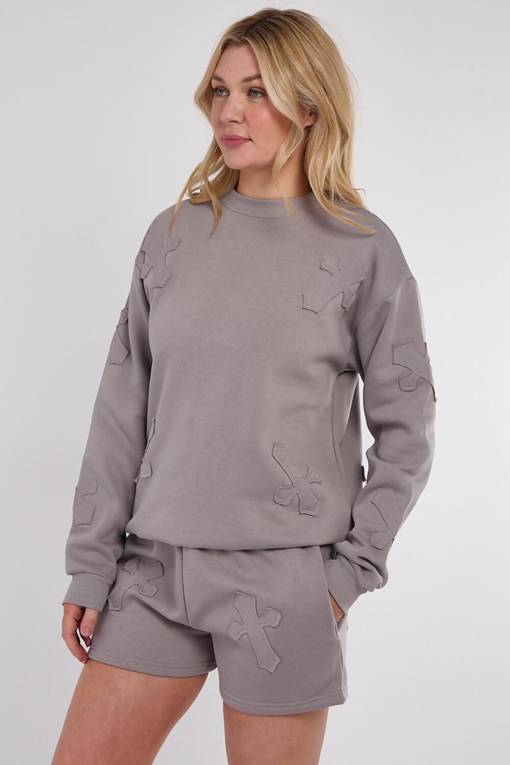 PIETTA DOVE GREY EMBOSSED CROSS PATCH SWEATSHIRT AND SHORTS SET