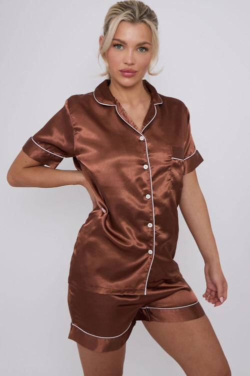 Pietta Black Short Sleeves Contrast Piping Satin Shorts Pyjama Set