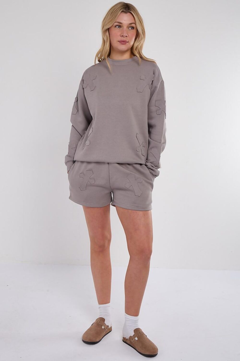 PIETTA DOVE GREY EMBOSSED CROSS PATCH SWEATSHIRT AND SHORTS SET